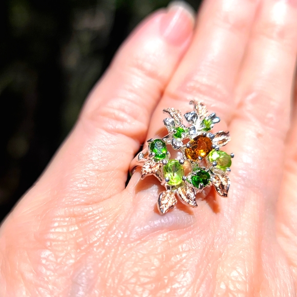 Kharma by Avelon Jewelry - Citrine Peridot & Chrome Diopside floral sterling ring sz6.5